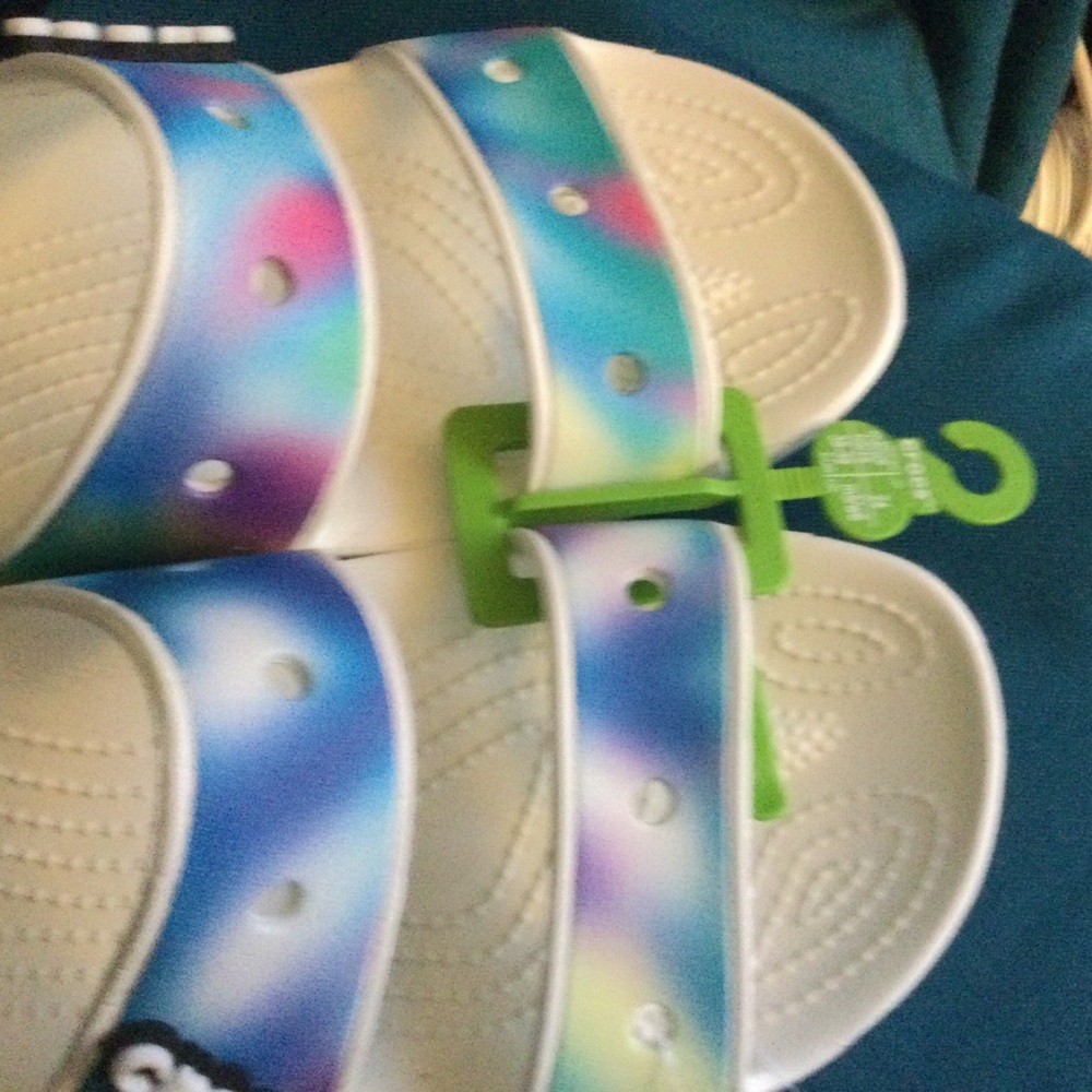 CROCS White Sandals with Iridescent Blue-Green Straps - Picture 10 of 10